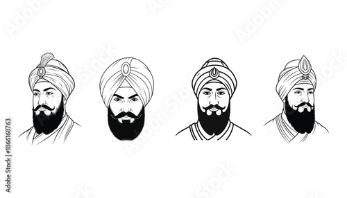 Illustrations of sikh men with turbans and beards in various styles