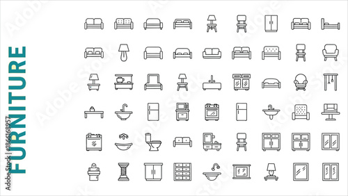 WebHome and Office Interior Furniture and Appliance Line Icons A Collection of 50 Editable Vector Glyphs.