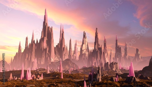 Alien landscape at sunset