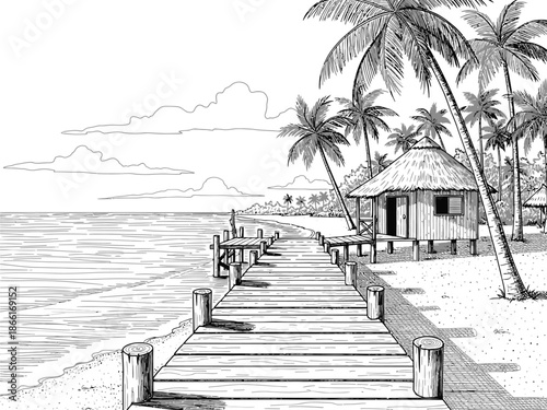 Black and White Tropical Beach Sketch with Palm Trees and Wooden Pier