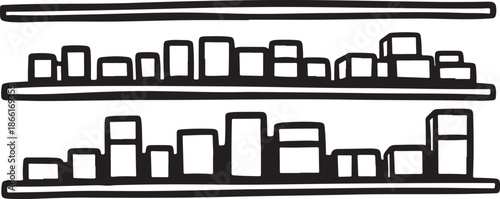Simple illustration of boxes on shelves in black and white