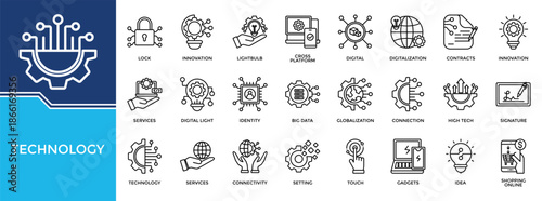 Technology icon set collection. Containing commitment, services, connectivity, link, creation, signature, touch .Line vector icons collection