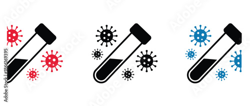 Test tubes with virus particles in red, black, and blue colors