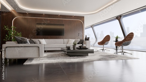 A futuristic luxury living room features a white sofa, brown swivel chairs, and a dark wooden wall with a TV, overlooking a city skyline through large slanted windows in a 3D design.
