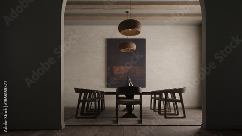A minimalist dining room viewed through an archway features a wooden table, chairs, and woven lamps against a textured wall with abstract art, rendered as a 3D interior design.