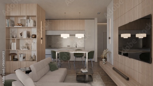 A modern open-plan apartment features a beige sofa, wooden media wall with TV, and a dining area with green chairs near a kitchen, rendered as a cozy 3D interior design.