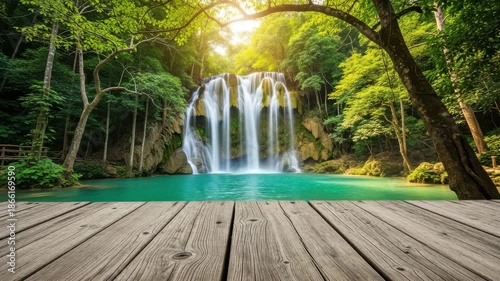 Tropical Waterfall: Scenic Jungle Cascade and Turquoise Pond Seen from a Wooden Deck Foreground.
