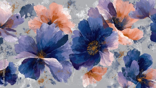 Watercolor floral pattern in cool hues, blooms with varied colors against a grey background