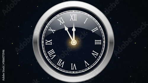 Silver clock with black face and white roman numerals showing seven o'clock against a starry night sky background with time and analog clock
