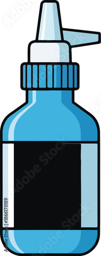 Isolated blue spray bottle and plastic container for liquid medicine or mineral aqua refreshment, clear glass object on white background