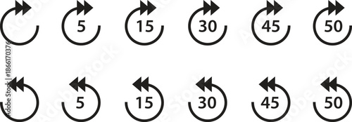 Set of Media Player Skip and Rewind Icons with Second Intervals for Video and Podcast Navigation