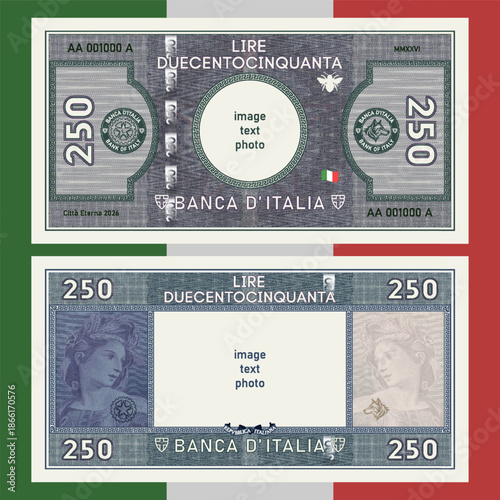Vector obverse and reverse of new banknote. In Italian it means two hundred fifty lire, bank of Italy. Play money. Denomination 250. Seals, head wolf and bee. Engraving lady. Sample of bill