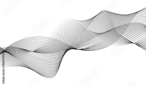 Abstract gray flowing wave mesh lines on white background, modern dynamic sound waveform, elegant minimal technology curve pattern design 