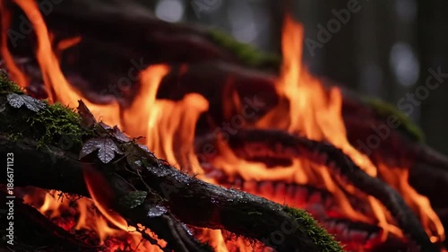 Focusing on the intricate details of liquid like flames and their interaction with organic textures, showcasing the vibrant spectrum of fiery hues and radiant energy.