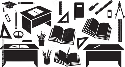 School Supplies and Education Icons in Black and White