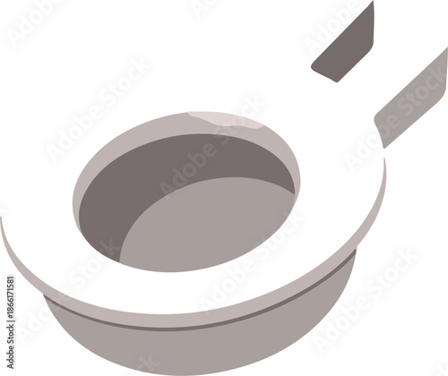 An isolated roll of adhesive tape and toilet paper roll sit as sticky tool equipment on an empty white plate and metal kitchen pan