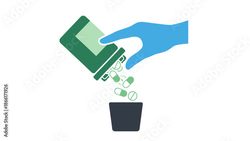 Gloved hand pouring pills and capsules from bottle into cup, health concept