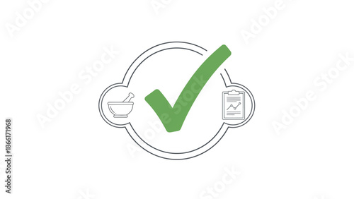 Green Checkmark Inside Circle with Mortar Pestle and Clipboard Icons - Medical Approval