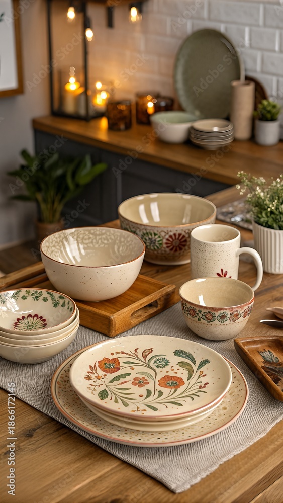 Fototapeta premium Rustic Ceramic Dishware with Botanical Patterns in Cozy Kitchen Setting