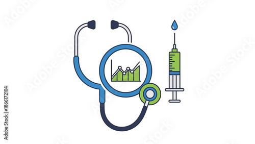 Healthcare analytics concept with stethoscope, graph inside magnifying glass and syringe