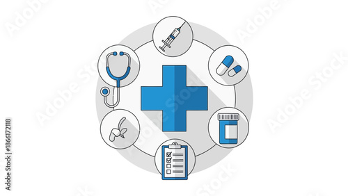 Healthcare concept with medical icons around a blue cross