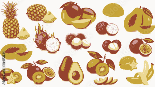 Vibrant illustrations of exotic fruits in shades of gold and red on white