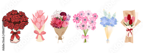 A delightful collection of six distinct floral bouquets in varying colors and styles