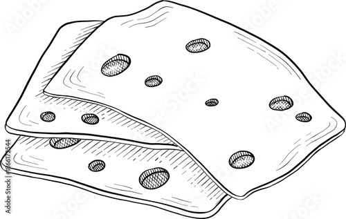 Collection of cheese, brie, camember, parmesan and blue cheese, European cheese assortment, slices, black ink engraving drawing, isolated, transparent. Wine bottle and glass, grape and fig