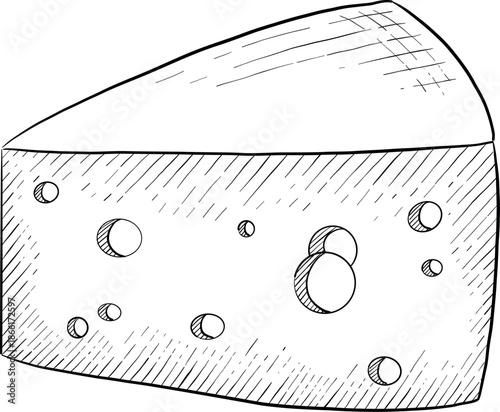 Collection of cheese, brie, camember, parmesan and blue cheese, European cheese assortment, slices, black ink engraving drawing, isolated, transparent. Wine bottle and glass, grape and fig