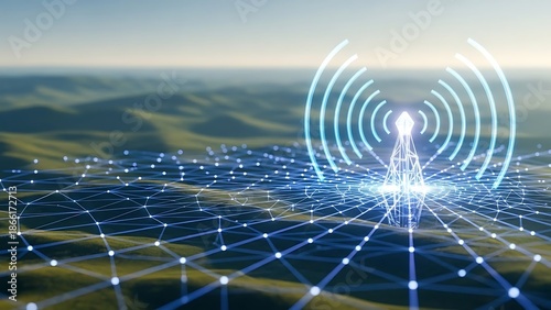 Futuristic 5G Network Tower Broadcasting Signals Across Digital Landscape.