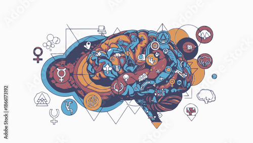 Vibrant brain illustration with astrology symbols and geometric shapes
