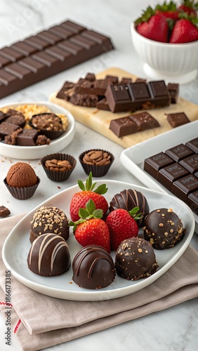 Assorted Chocolate Truffles and Fresh Strawberries on Marble Surface