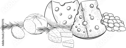 Collection of cheese, brie, camember, parmesan and blue cheese, European cheese assortment, slices, black ink engraving drawing, isolated, transparent. Wine bottle and glass, grape and fig