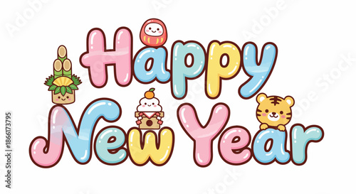 Vibrant illustration of 'Happy New Year' text adorned with cute cartoon style East Asian celebratory elements and adorable characters