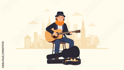 This flat design illustration depicts a dedicated street musician captivating passersby with an acoustic guitar performance at the World Buskers Festival. 