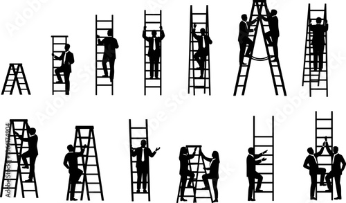 Business people ladder silhouette vector set showing climbing, teamwork, leadership, and career growth concepts, corporate success icons collection for professional presentations and strategy design