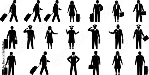 Business people silhouette icon set, black professional travelers and airline crew collection with luggage, walking and standing poses, vector illustration isolated on white backgroundBusiness people 