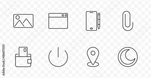 Interface set icon. Image, browser, stylus phone, clip, folder, wallet, power button, location, moon.