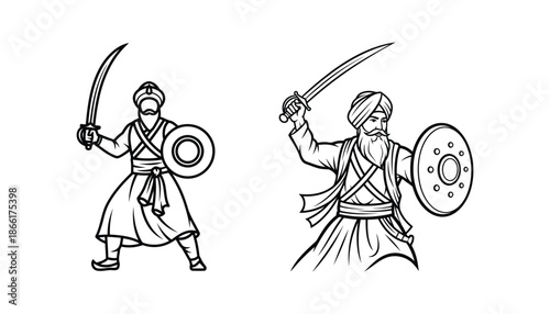 Ancient warriors with swords and shields in battle stance