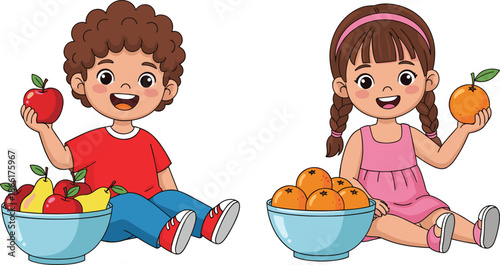 Cute kids eating fresh fruits illustration with happy boy girl holding apples oranges healthy food vector cartoon children nutrition design