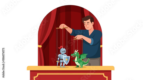 A charming flat design illustration depicts a traditional puppeteer enchanting an audience with marionettes at the World Buskers Festival, highlighting the timeless art of storytelling. 
