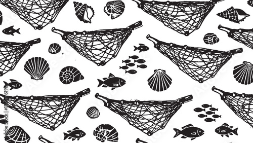 Seamlesspatternoffishingnetsandseacreaturesisolated