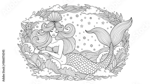 An intricate black and white line art illustration of a beautiful mermaid with a seashell in her hair, perfect for an adult coloring book page.