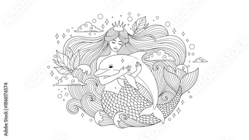 A beautifully detailed black and white line art coloring page featuring a serene mermaid princess tenderly embracing a friendly dolphin.