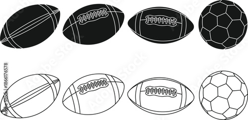 Sports balls silhouette and outline vector set, featuring rugby football soccer shapes for training games fitness illustration design collection