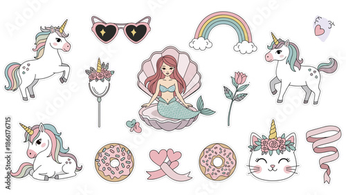 A whimsical collection of cute, girly embroidered-style patches featuring unicorns, a mermaid, a caticorn, rainbows, and sweet donuts.