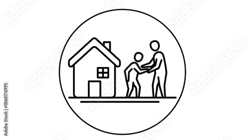 Family Home Icon: Parent Guiding Child, Residential Building Symbol