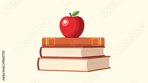 A classic still life illustration featuring a bright red apple resting on top of a neatly arranged stack of three hardcover books.