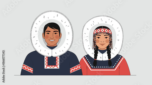 A portrait of a smiling Inuit man and woman from the Arctic region, wearing traditional winter parkas with warm, white fur-lined hoods.