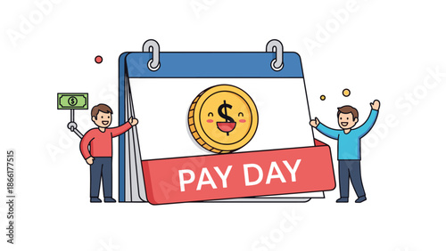 A cheerful cartoon illustration of two men celebrating payday in front of a large desk calendar with a happy gold coin character.